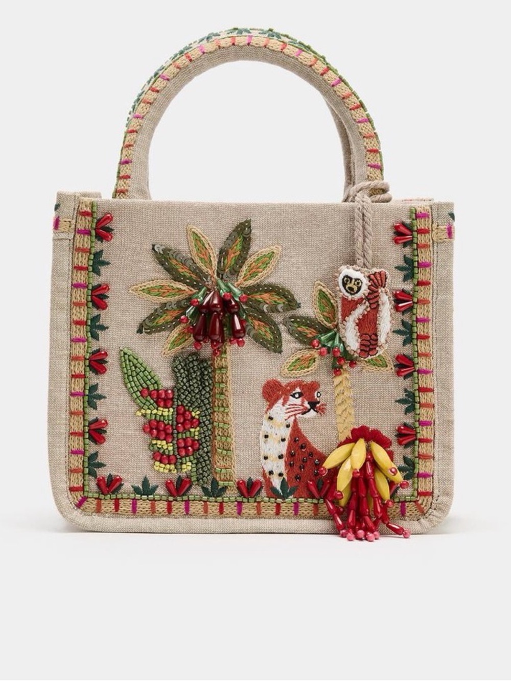 Zara Embroidered Beige Jungle Bead Tote